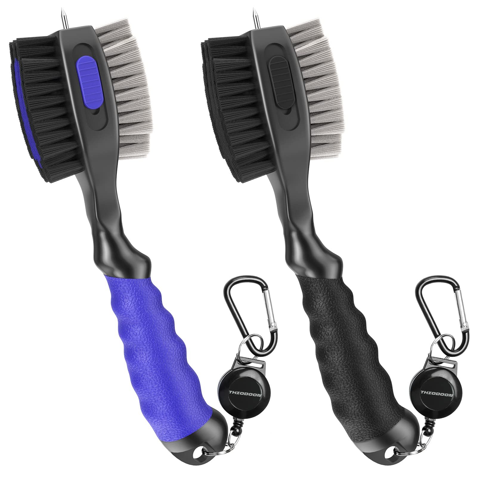 THIODOON 2 Pack Golf Club Brush and Groove Cleaner 2 ft Retractable Zipline Carabiner Oversized Golf Brush Head with Retractable Spike Comfortable Grip Golf Club Cleaner