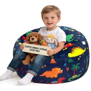 Lukeight Stuffed Animal Storage Bean Bag Chair, Bean Bag Cover for Organizing Kidââ‚¬â„¢s Room – Fits a Lot of Stuffed Animals, Large/Dinosaur
