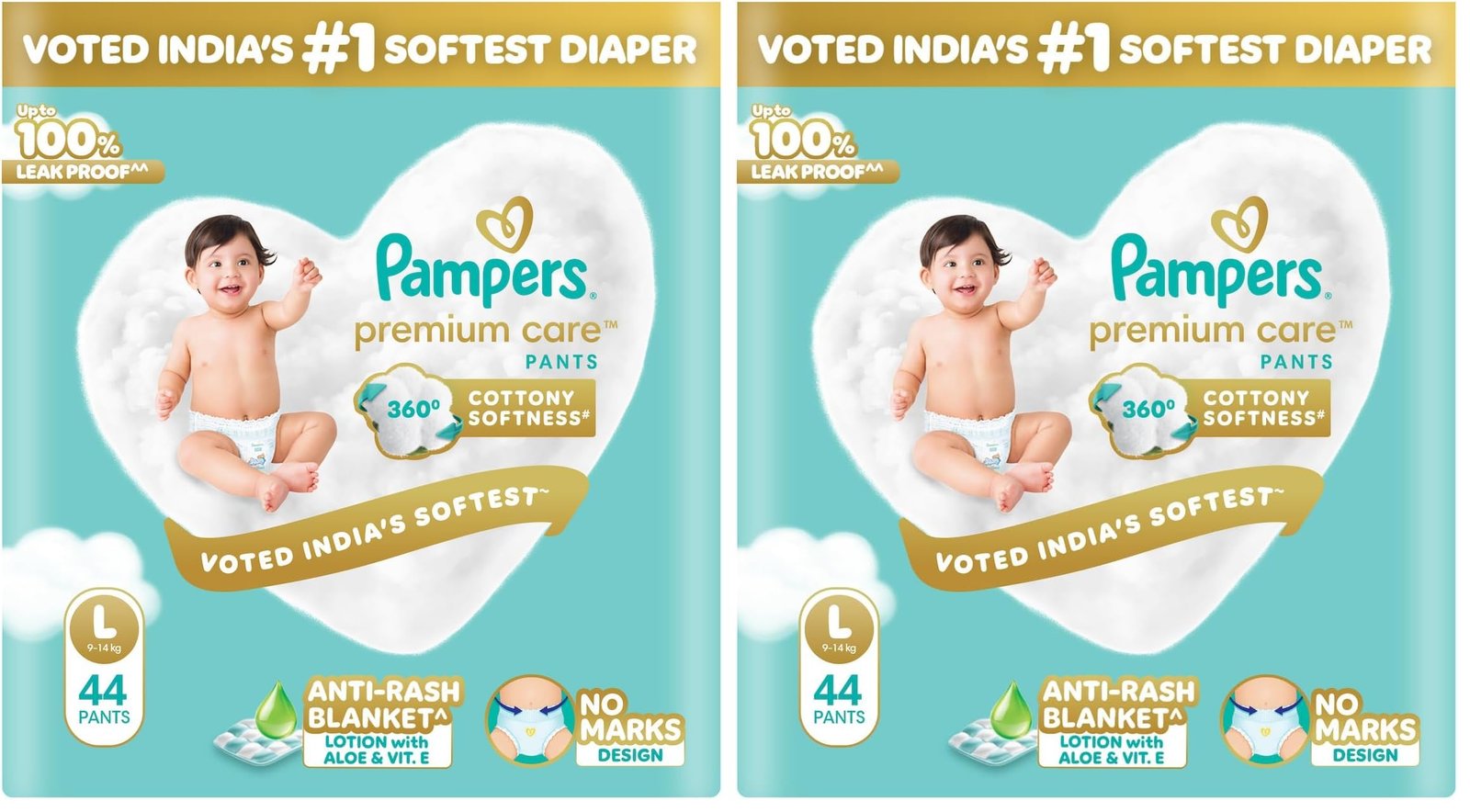 Pampers Premium Care Pant Style Baby Diapers | Large (L size) | 44 Count | Voted India’s Softest | All-in-1 with 360 Cottony Softness Diapers | 9-14kg (Pack of 2)