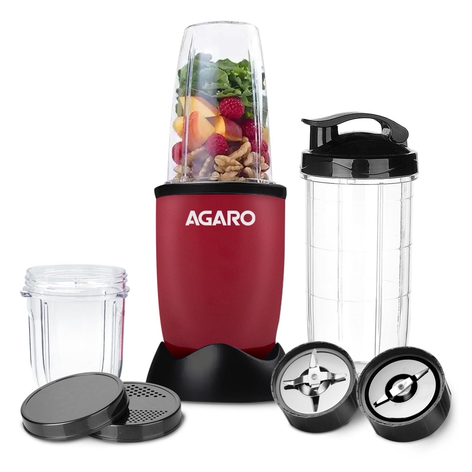 AGARO Regal Nutri Blender with 3 Jars, 400 Watts Personal Blender with 100% Copper Motor, 2 Stainless Steel Blades, Smoothie Maker, Masala Grinder, Use for Milkshakes, Juices & Chutney, Red & Black
