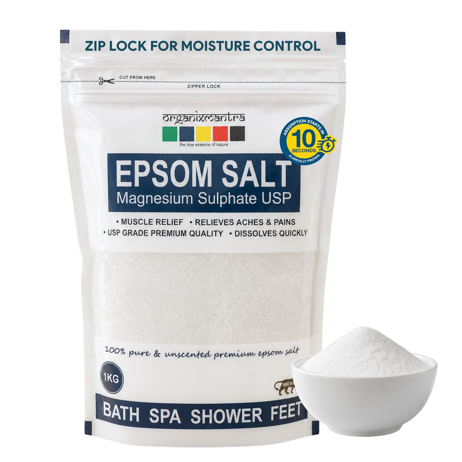 Organix Mantra Epsom Bath Salt 1KG | USP Grade Magnesium Sulphate | Muscle Relief, Foot Soak & Relaxing Bath | Relieves Aches & Pain | 100% Pure & Unscented