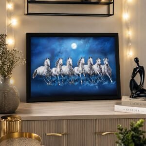 LIFEHAXTORE ® Xtore Seven Lucky Running Vastu Horses Art Framed Painting (Ocean Blue, 12 Inch x 18 Inch)