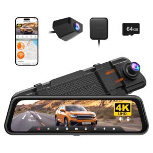 WOLFBOX M40 4K Rear View Mirror Dash Cam for Car, ADAS & Voice Control, Front 4K + Rear 1080P, Night View, 10” Touch Screen, GPS&WiFi, 64GB Card Included