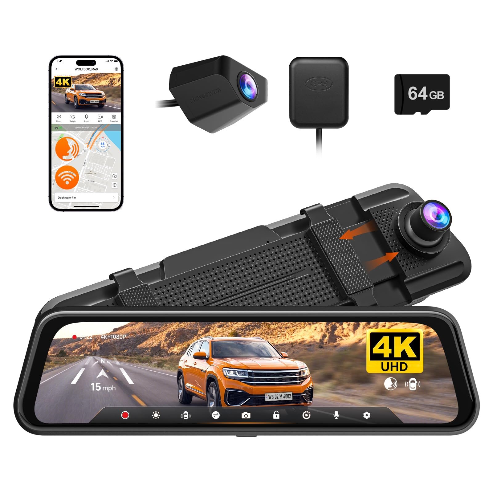 WOLFBOX M40 4K Rear View Mirror Dash Cam for Car, ADAS & Voice Control, Front 4K + Rear 1080P, Night View, 10” Touch Screen, GPS&WiFi, 64GB Card Included