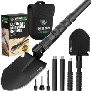 Rhino USA Survival Shovel w/Pick – Heavy Duty Carbon Steel Military Style Entrenching Tool for Off Road, Camping, Gardening, Beach, Digging Dirt, Sand, Mud & Snow. (Survival Shovel)