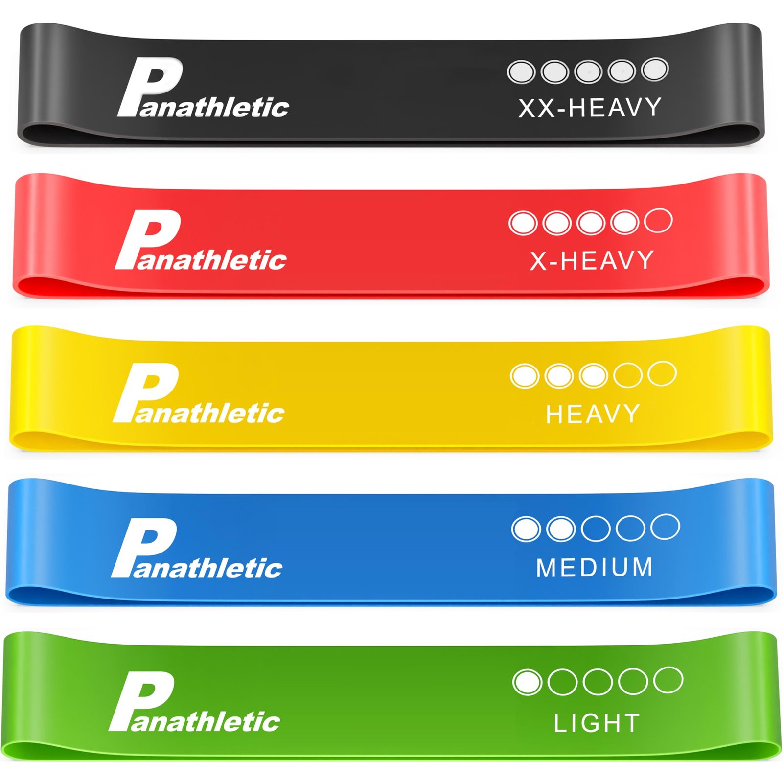 Set of 5 Panathletic Fitness Loop Bands / Resistance Bands â— 12 x 2 Inches â— 100% Natural Latex â— Exercise Guide for a Full-Body Workout â— Carrying Bag â— Lifelong Money Back Guarantee