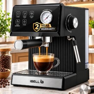 IBELL Espresso Coffee Maker Machine for Home, 1200 Watts 2-Year Warranty, 20 Bar Pressure Pump,Touch Controls,Milk Frother Steam Wand,Temperature Control System, Espresso,Cappuccino, Americano,