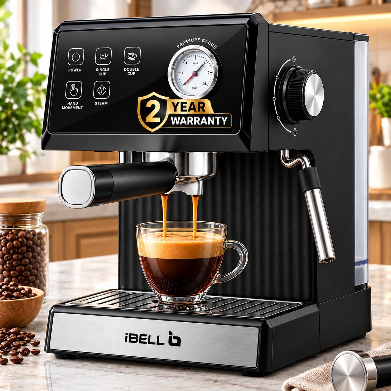 IBELL Espresso Coffee Maker Machine for Home, 1200 Watts 2-Year Warranty, 20 Bar Pressure Pump,Touch Controls,Milk Frother Steam Wand,Temperature Control System, Espresso,Cappuccino, Americano,