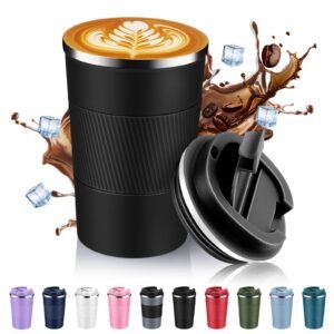 Volhoply 13 oz Stainless Steel Insulated Travel Coffee Mug with Fip Lid,Reusable Double Wall Vacuum Metal Coffee Cup,Portable To Go Leak Proof Cafe Thermal Tumbler for Hot & Cold Drinks(Black,1)