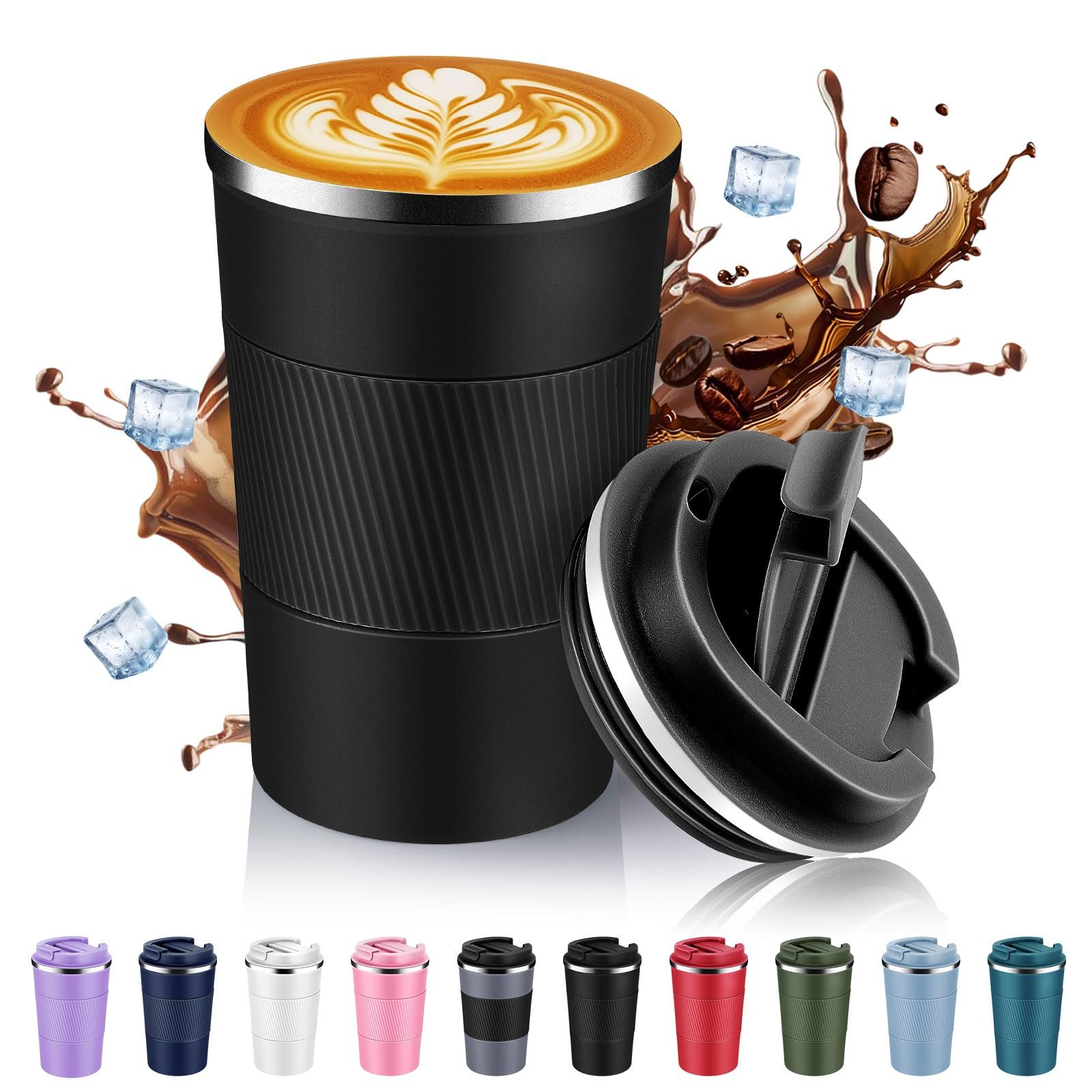 Volhoply 13 oz Stainless Steel Insulated Travel Coffee Mug with Fip Lid,Reusable Double Wall Vacuum Metal Coffee Cup,Portable To Go Leak Proof Cafe Thermal Tumbler for Hot & Cold Drinks(Black,1)