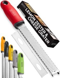 Orblue Lemon Zester & Cheese Grater – Premium Citrus Zester, Kitchen Grater for Parmesan, Chocolate, Fruits, Vegetables, Ginger, Garlic, Nutmeg – Stainless Steel Blades with Protective Cover, Red