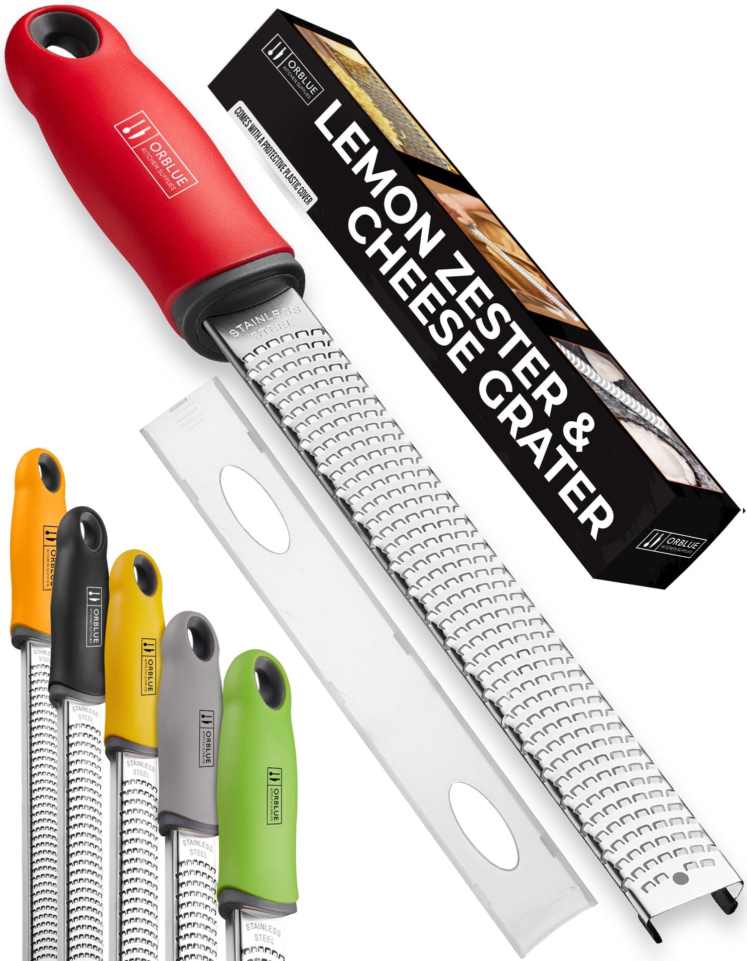 Orblue Lemon Zester & Cheese Grater – Premium Citrus Zester, Kitchen Grater for Parmesan, Chocolate, Fruits, Vegetables, Ginger, Garlic, Nutmeg – Stainless Steel Blades with Protective Cover, Red