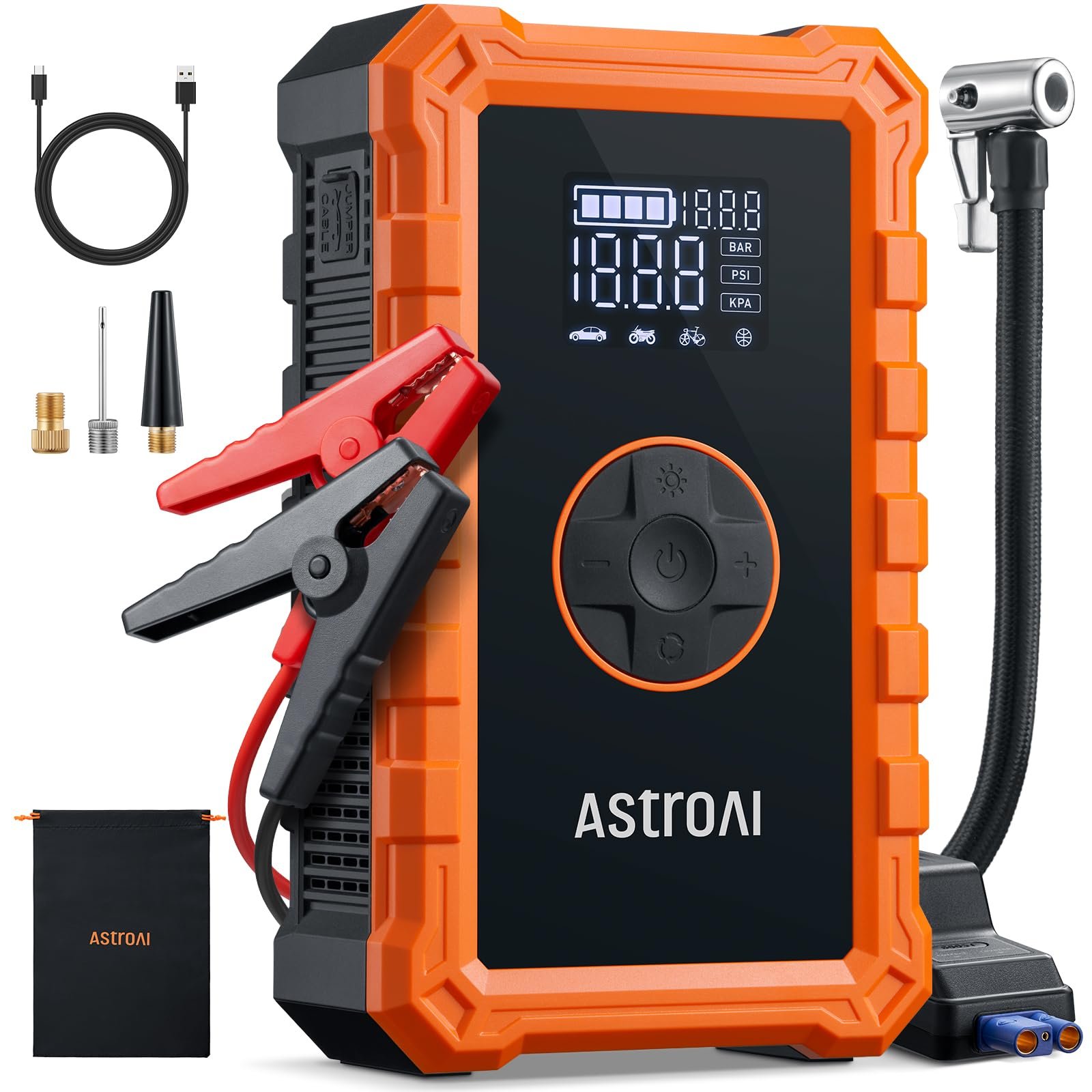 AstroAI S8 Air Jump Starter with Air Compressor, 3000A 12V Jump Box | Car Battery Booster Pack for 9L Gas/6.5L Diesel – 150PSI Auto-Off Tire Inflator – 2.4″ Large Screen – Power Bank & LED Light