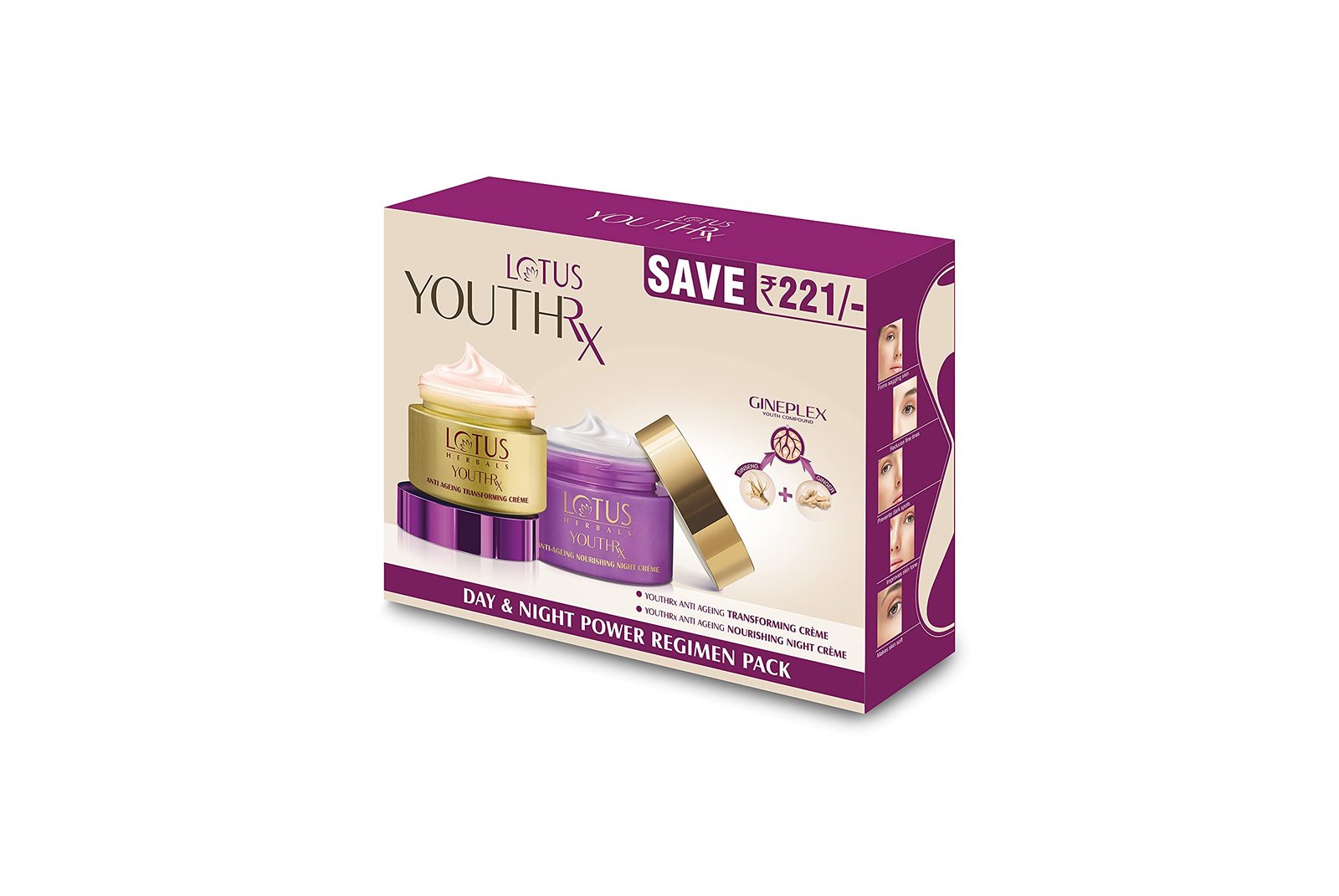 Lotus Herbals YouthRx Power Regimen Pack with Anti-Ageing Day Cream and Night Cream | Reduces Fine Lines, Wrinkles | Boosts Glow, Ginger and Ginseng | For Oily, Dry, Combination Skin | 100g