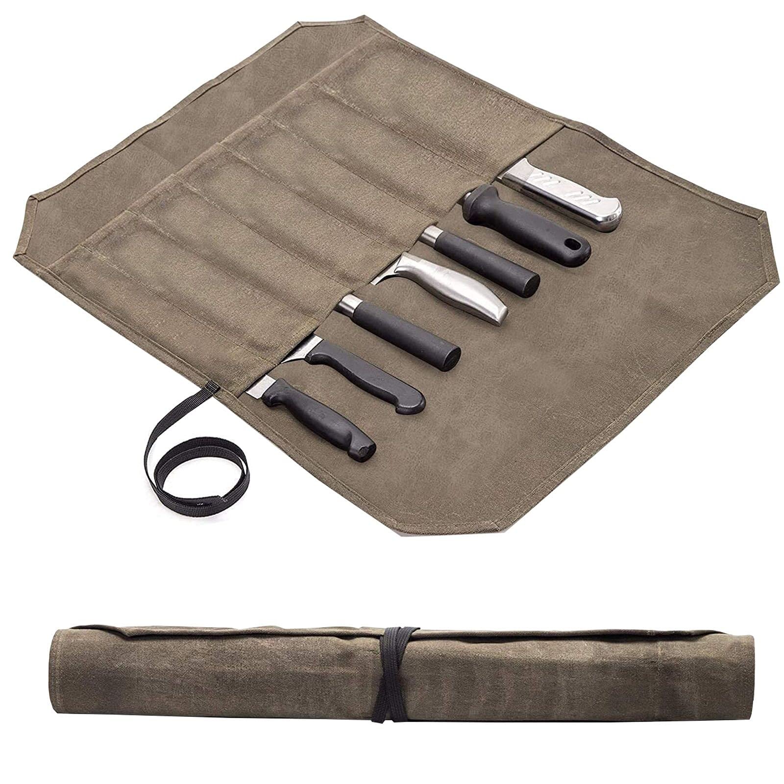 Knife Bag ,Knife Roll,Heavy Duty Knife Case,Waxed Canvas Chef Knife Roll Bag,Fold Up Knife Holders,Canvas Cutlery Holder with 6 Slots, Case Cooking Utensils.Knife Carrying Case Roll.Knives Protectors.