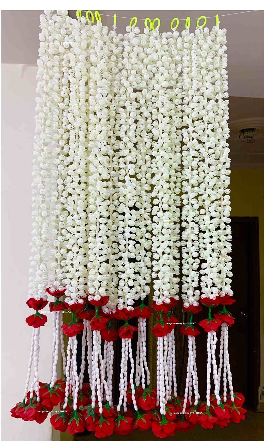 Sphinx Artificial Jasmine Buds (Mogra)& Clustered Rose Strings for Festive Pooja Wedding Housewarming Decorations Approx 2.5 ft – Number of Strings- (Red, 6)