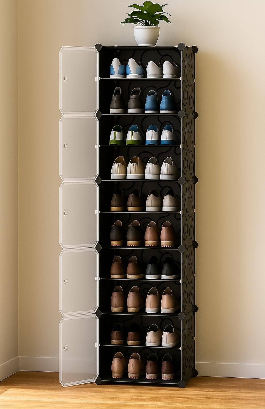 Zemic 𝟏𝟎 𝐒𝐡𝐞𝐥𝐟 Plastic Shoe Rack for Home with 𝟓 𝐃𝐨𝐨𝐫 | Foldable Modular Storage Rack | Dustproof Waterproof Shoe Organizer | Space Saving Footwear Stand for Home, Bedroom, Entryway【BLACK】