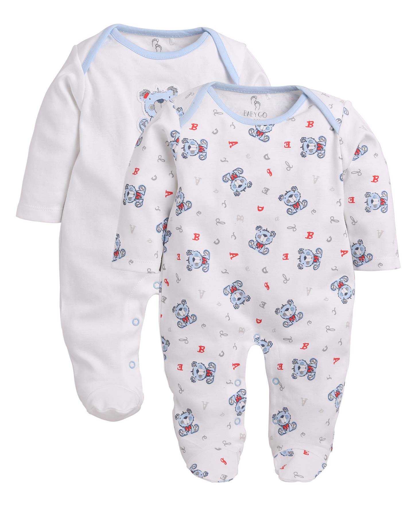 BABYGO Baby Boys & Baby Girls Cotton Full Sleeve Sleepsuit Pack of 2 | Newborn Infant Romper Jumpsuit with Snap Buttons | Soft Breathable Onesie Set | Cute Bear Print & Striped Design