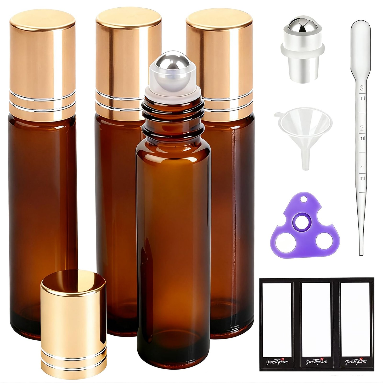PrettyCare Essential oil Roller Bottles for Oils 10ml Glass Amber Perfume Bottles Empty with Extra Roller Balls, Opener, Funnel, Pipette, Labels, 4pack Roll on Bottles