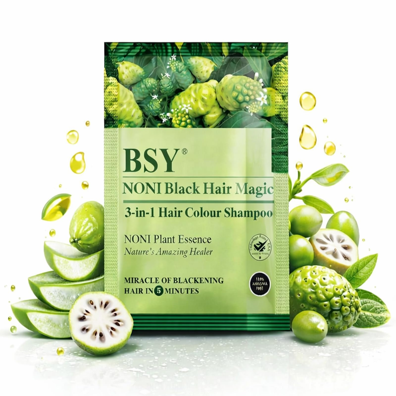BSY Noni Black Hair Magic 3 IN 1 Natural 5-Min Hair Colour Shampoo Black | Ammonia Free Long Lasting Hair Color_Noni Fruit Extract No Hair Loss Grey Coverage Hair Dye for Women & Men (20ml-6 Sachet)