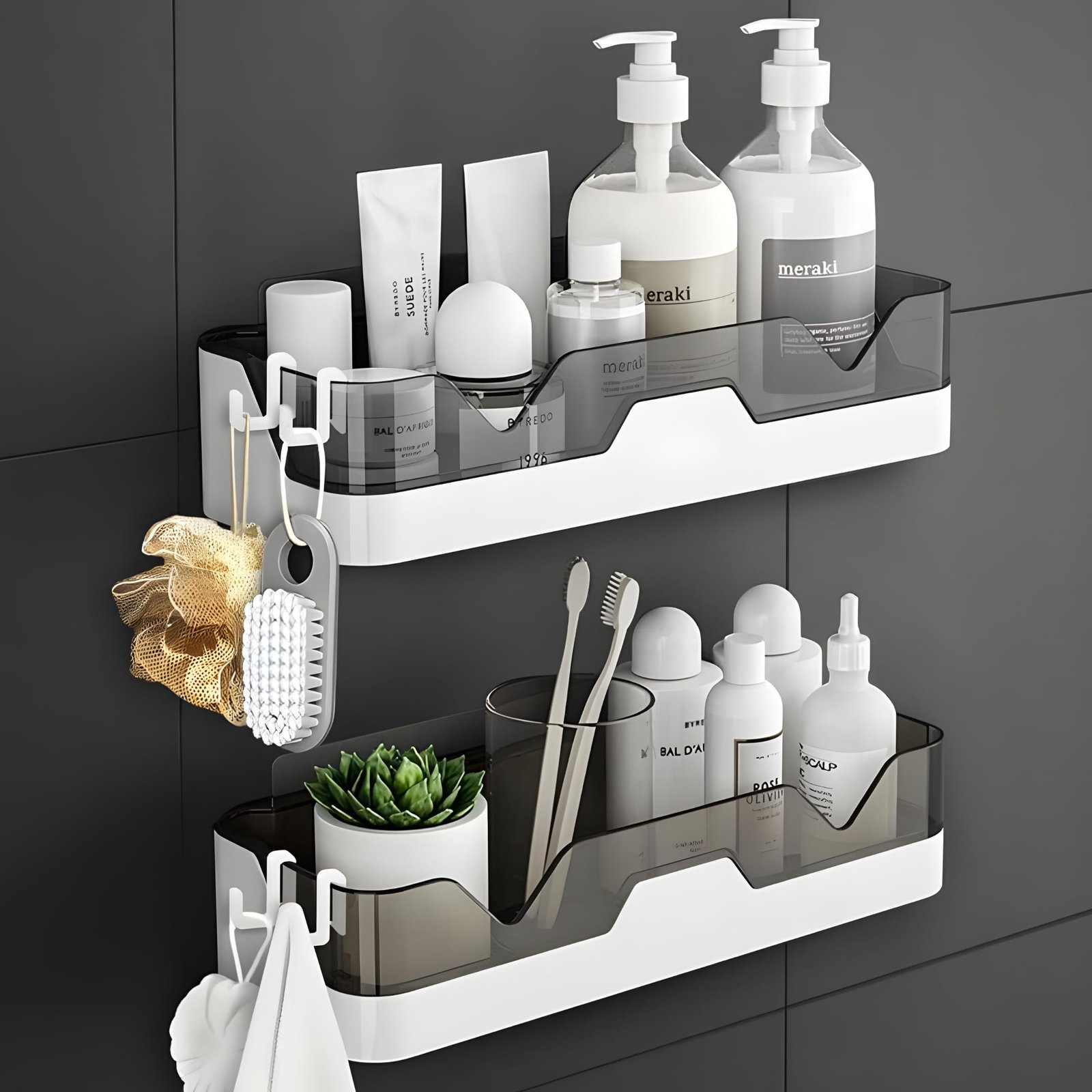 House of VIPA Wall Mounted Bathroom Shelf Organizer | 2 Tier Plastic Bathroom Rack with 4 Hooks | No Drill Adhesive Bathroom Accessories for Shampoo, Soap & Toiletries