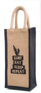H&B Jute Water Bottle Bag – Gift Bag For Wine Or Water Bottles, Carry Bag, Cover 1 Count (Surf Eat – Beige) ,2 L
