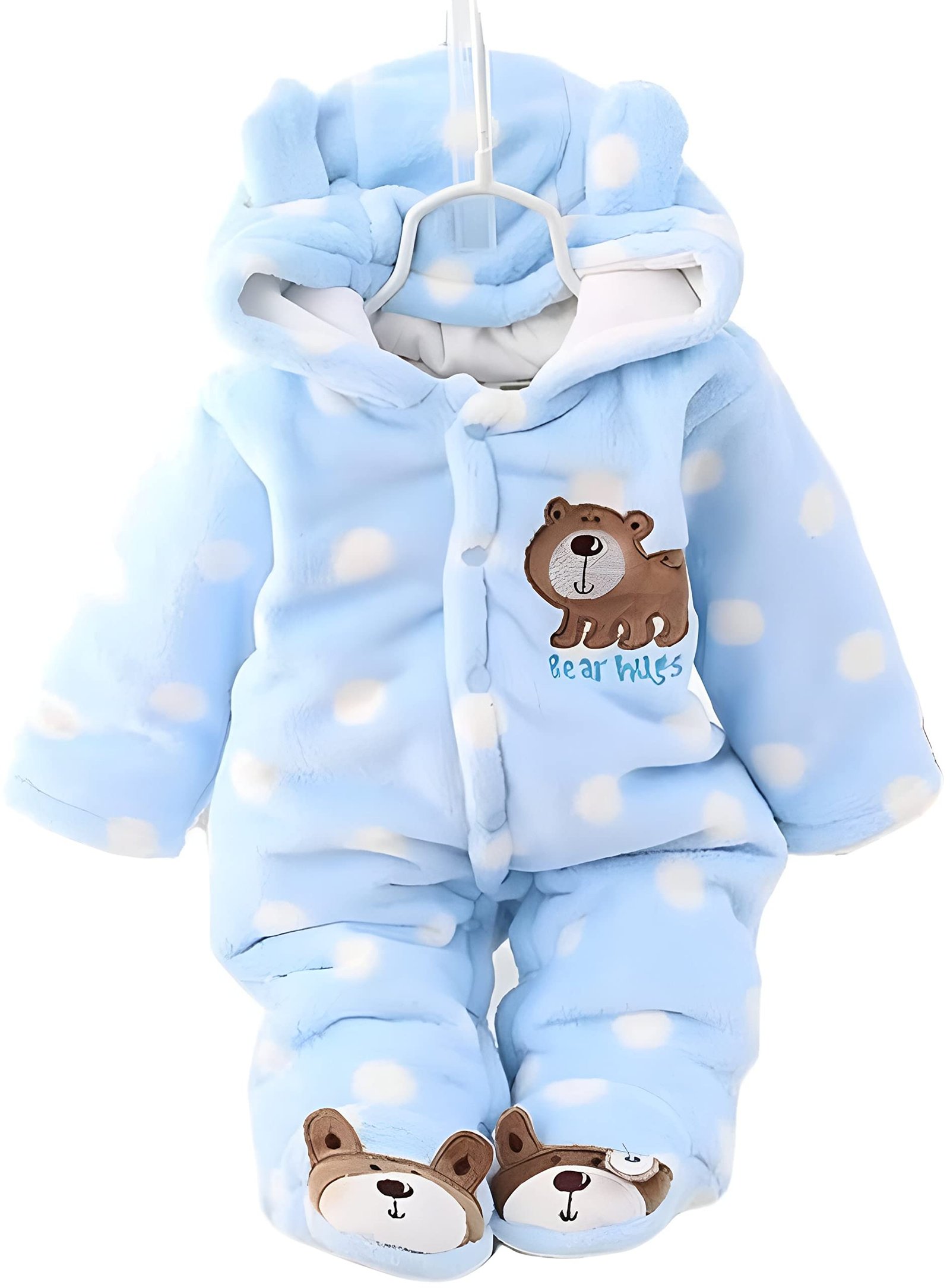 BRANDONN BRANDONN Unisex Baby Flannel Polka Print Jumpsuit Panda Style Cosplay Clothes Bunting Outfits Snowsuit Hooded Romper Outwear (Sky Blue, 6-9 Months)