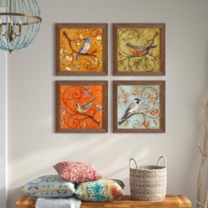 PAINTINGMANTRA Multicolor Birds Wall Art Painting for living room, birds floral Framed painting, set of 4, 9×9 Inch