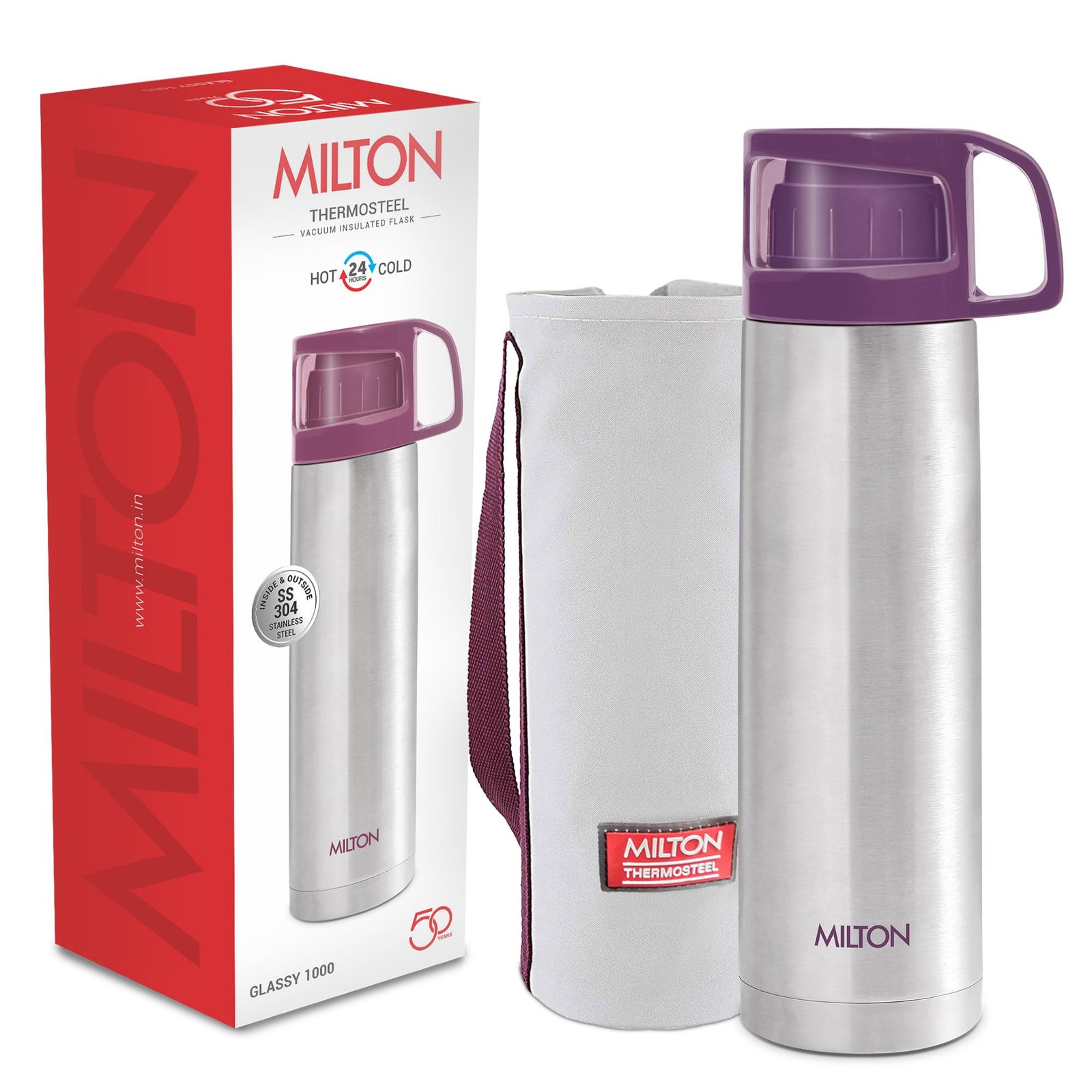 Milton Glassy 1000 Thermosteel Water Bottle | 24 Hours Hot and Cold | ISI Certified Vacuum Insulated Water Bottle with Drinking Cup Lid | for Office, Gym, School I 1 Litre, Purple