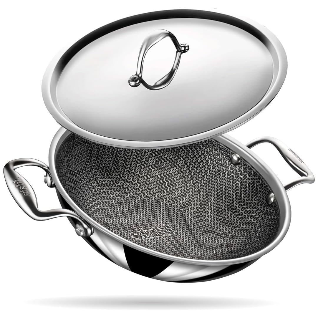 Stahl Artisan Hybrid 2.4 L, 24 cm Triply Non Stick Kadai with Lid, Stainless Steel Kadai for Cooking, Triply Kadhai Metal Spatula Friendly, Induction & Gas Stove Compatible