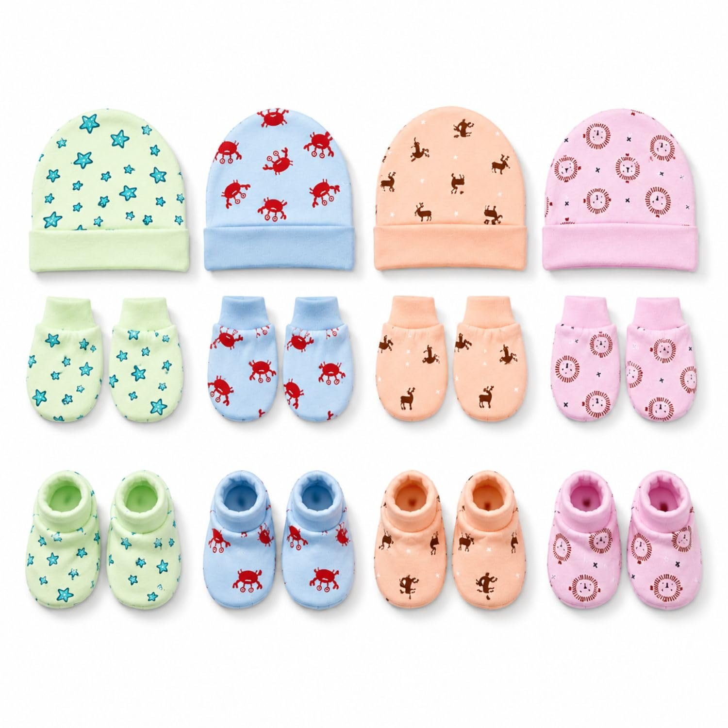 Mittens Cap and Booties Set for New Born Baby Pack of 4 | 100% Cotton Baby Mittens Set 0 to 6 Months | Soft Anti-Scratch Caps Mittens and Booties Newborn | Cute Designs | Boys & Girls