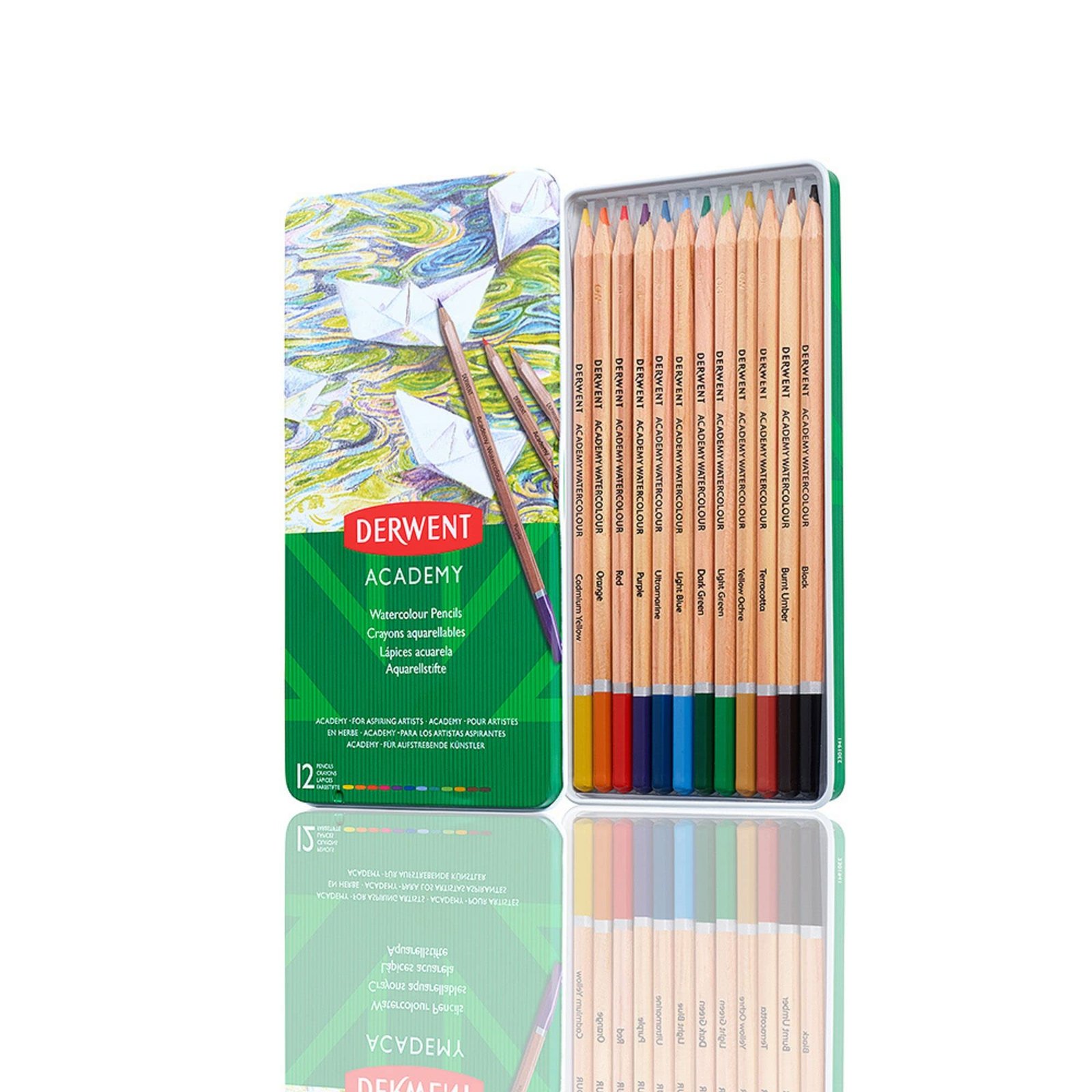 Derwent Academy Watercolour Pencils Tin (Set Of 12), Blue, Multi