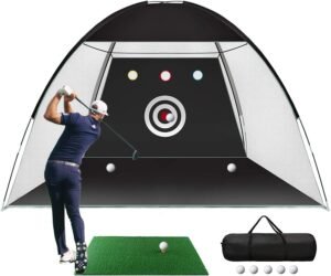 Golf Practice Net, 10x7ft Golf Hitting Training Aids Nets with Target and Carry Bag for Backyard Driving Chipping – 1 Golf Mat -5 Golf Balls – 1 Golf Tees- Men Kids Indoor Outdoor Sports Game
