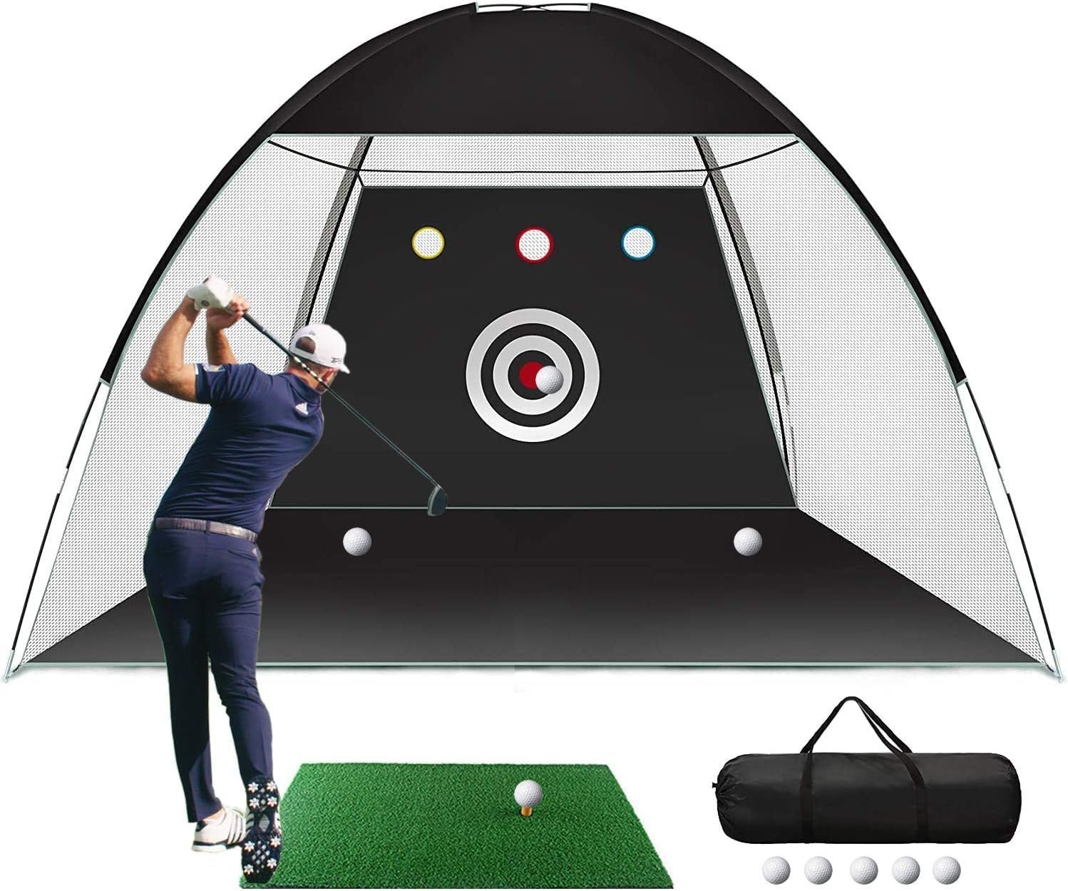 Golf Practice Net, 10x7ft Golf Hitting Training Aids Nets with Target and Carry Bag for Backyard Driving Chipping – 1 Golf Mat -5 Golf Balls – 1 Golf Tees- Men Kids Indoor Outdoor Sports Game