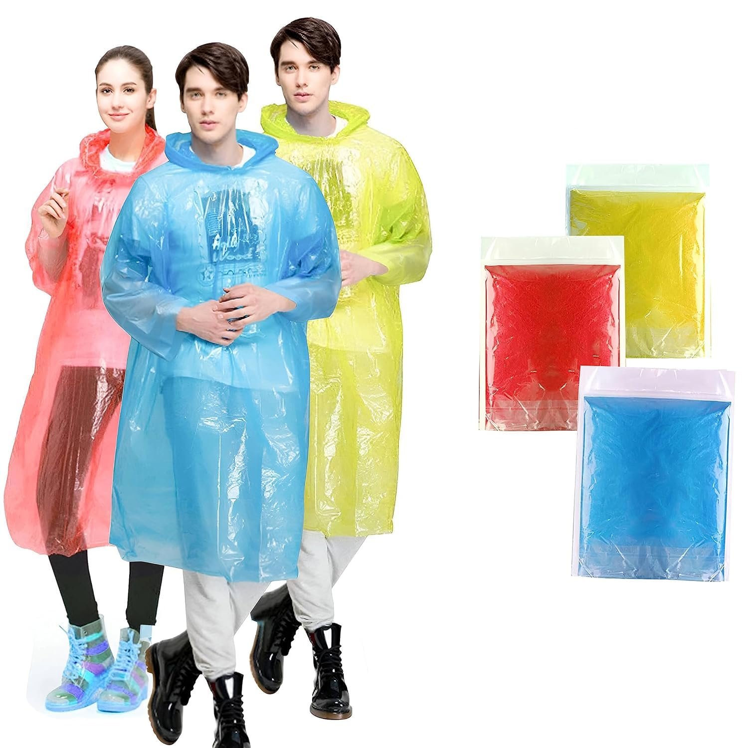 Disposable Rain Ponchos for Adults, Card-Sized Ponchos Family Pack with Hood