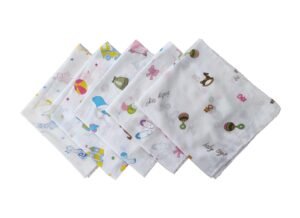 Trance Home Linen Super Soft 100% Cotton Thin Malmal Face Towels | Reusable Hygiene Wash Cloth | Napkin For New Babies | School Use (Small 40X40 Cm, Nursery Designs – Pack Of 5 Pcs), 200 Tc