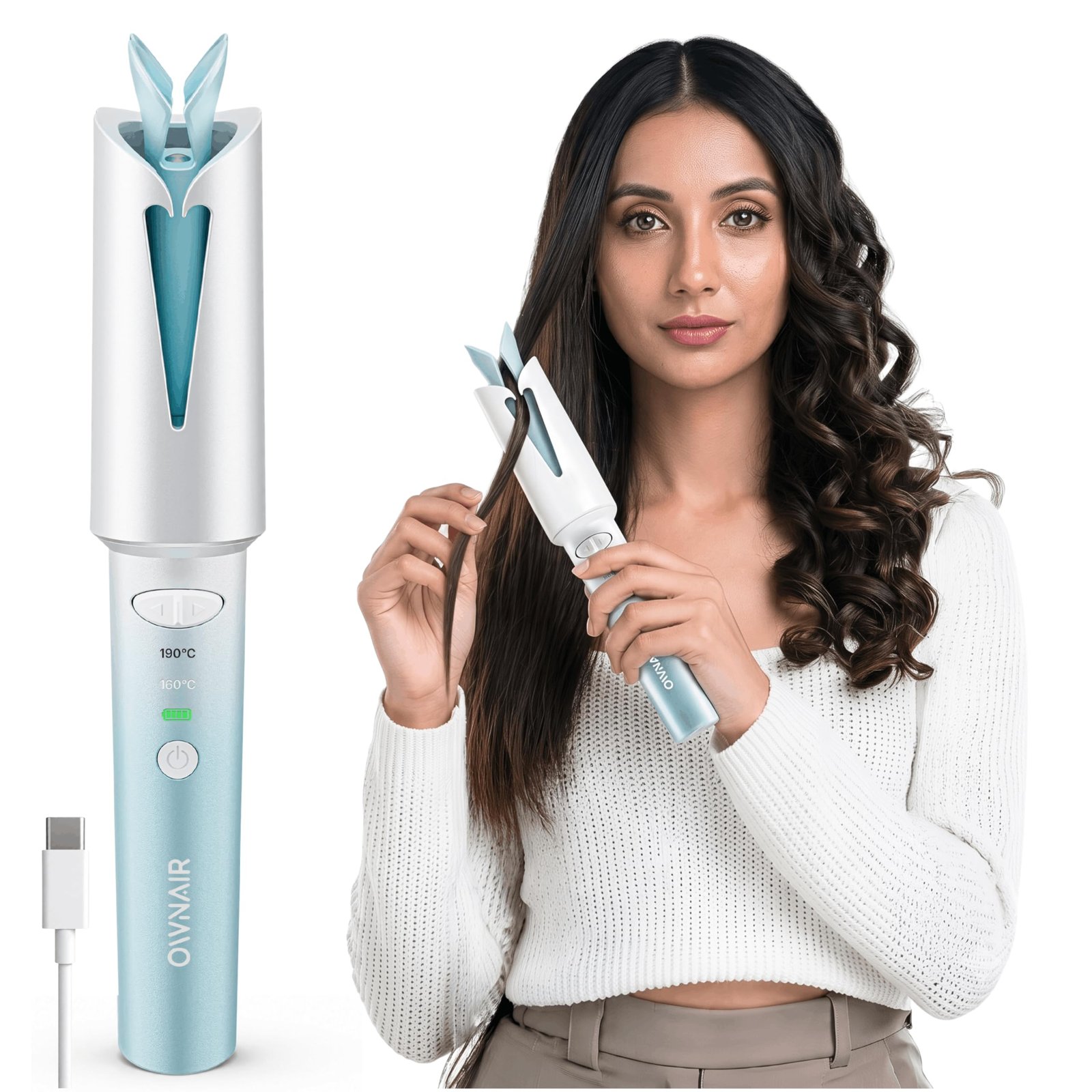 Ownair Automatic Hair Curler Machine, Cordless Auto Hair Curler, 4200 mAh Rechargeable Battery, USB C Fast Charging, Left & Right Curl Modes, 160°C & 190°C Temperature Settings, Portable Curling Iron for Salon Quality Curls ,Gift for Women