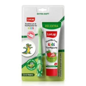 LuvLap Baby Toothpaste for Kids 80gm + 25% Extra, Strawberry Flavour with Free Toothbrush, SLS & Fluoride Free Baby Toothpaste, Prevents Bacteria & Cavities, Ensures Healthy Teeth & Gums, 12M+
