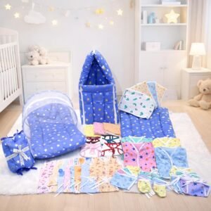 Infantbond 56 in 1 Baby Products All New Born Combo | Gift Set | Baby Essentials | Hospital Kit | Baby Clothes | Maternity Essentials | Infant Essentials | Baby Shower | Complete Daily Items Combo(0-6 Months) (Star) (Blue Bedding Set for Baby Boy)(Assorted for remanining)