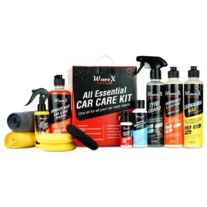 Wavex Car Polish Kit 12 Pcs | Includes Car Dashboard Polish, Car Wax, Tyre Polish, Car Shampoo, Windshield Washer & Car Freshener, Scratch Remover, 2 Cloths, 3 Applicators – Car Washing Kit