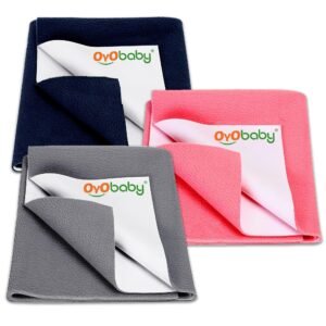 OYO BABY Waterproof Mattress Protector Sheet for Baby & Toddler Large Pack of 3 (100×140 cm) | Quick-Dry Reusable Bed Pad | Extra Absorbent Soft Breathable Dry Sheet (Dark Blue, Salmon Rose & Grey)