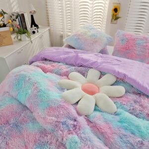 SUCSES Purple Tie Dye Duvet Cover Set Fluffy Fuzzy Twin Size Comforter Cover Sets for Teens Girls Kids Colorful Rainbow Plush Shaggy Bed Set Ultra Soft Velvet Bedding Set (Purple Ombre, Twin)