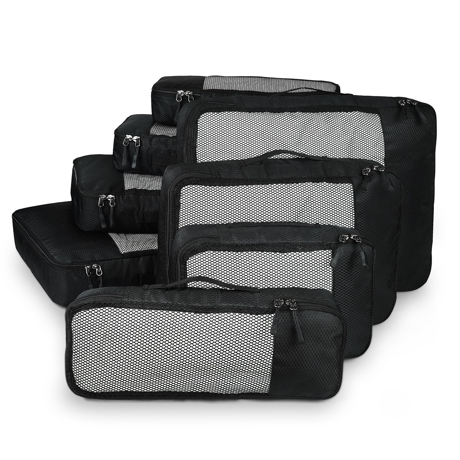 FATMUG Packing Cubes Travel Pouch Bag Organiser Set of 8 (2 x Large, Medium, Small and Slim) – Black(Polyester)