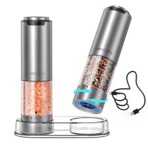 CIRCLE JOY Rechargeable Electric Salt and Pepper Grinder Set with Base, Stainless Steel Pepper Mills with Washable 95ml Container, White LED Light and Adjustable Coarseness, Silver