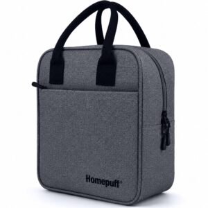 Home Puff Lunch Bag, Tiffin Bag with Bottle Holder, Multiple Pockets, Durable Handles| Fits 4 Tiffin Boxes| Lightweight Water-Resistant, Stylish Meal Carrier for Office, College, School & More (Grey)