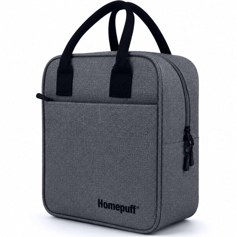 Home Puff Lunch Bag, Tiffin Bag with Bottle Holder, Multiple Pockets, Durable Handles| Fits 4 Tiffin Boxes| Lightweight Water-Resistant, Stylish Meal Carrier for Office, College, School & More (Grey)