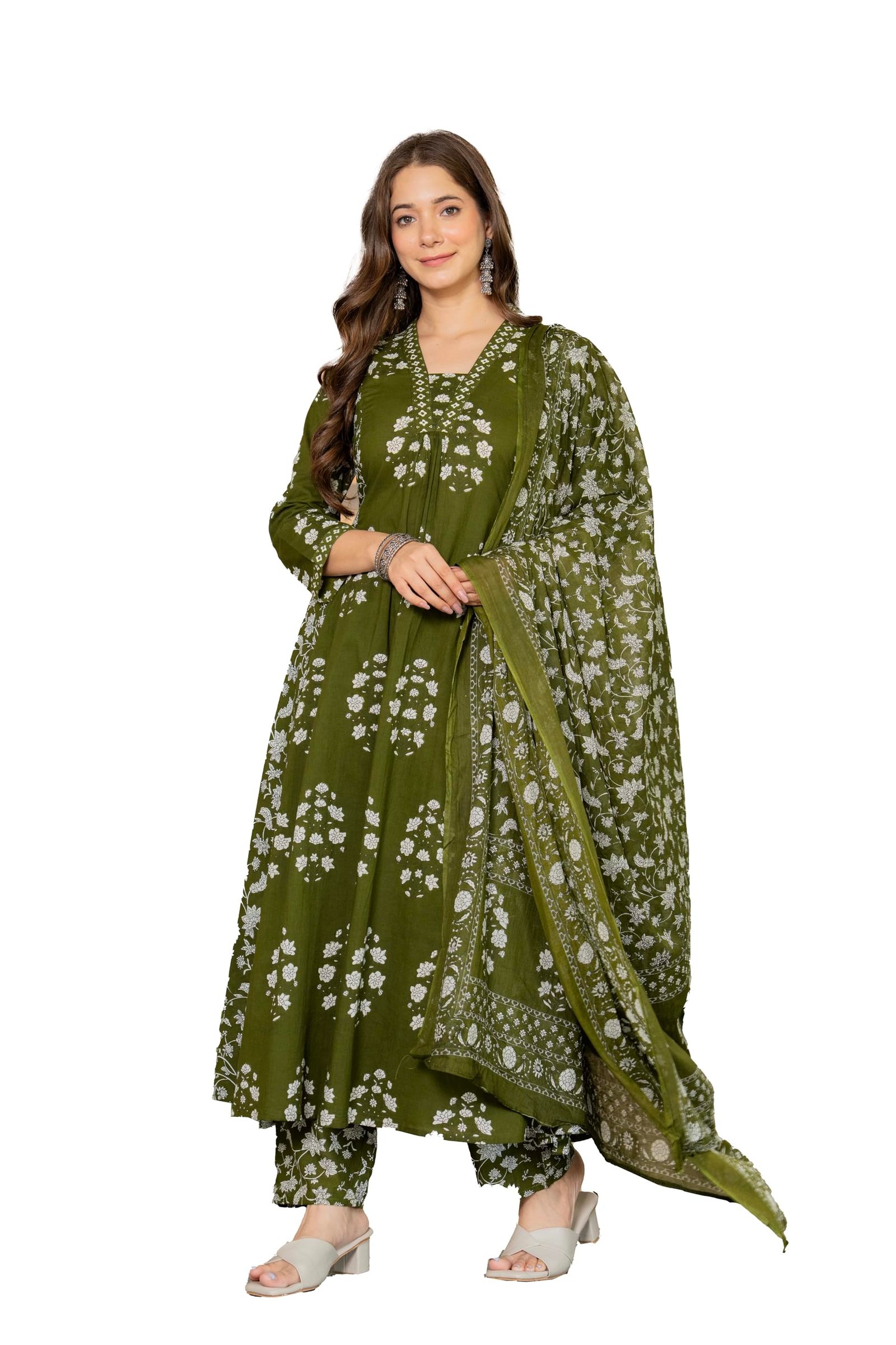 PARTHVI Women’s Pure Cotton Block Printed Ethnic Wear Kurta & Palazzo Pants & Dupatta Set