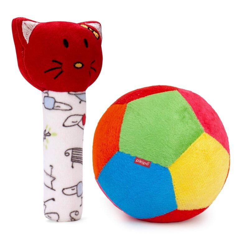 Pikipo Plush Soft Ball (Small Size, 11cm) and Kitty Face Soft Rattle Combo, Multicolor,Baby (Material: Polyester & Plush)