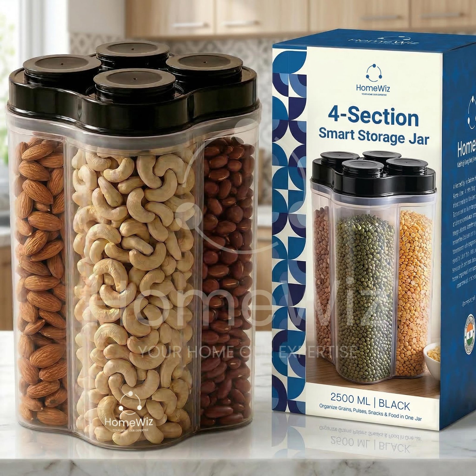 HomeWiz Airtight 4 Section Kitchen Storage Box 2500ml | Food Grade BPA-Free Kitchen Jars | Storage & Containers Set | Masala Container Set |Unbreakable Plastic Container Set|For Spices, Pulses, Grains
