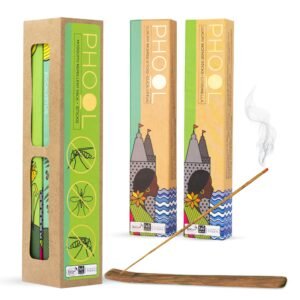 Phool Pack of 2 Mosquito Repellent agarbatti, Citronella and Eucalyptus Natural Incense Sticks, Pack(80 Organic Agarbatti Sticks),Free Wooden Stand |Handrolled |Sulphur & Charcoal Free |100% Organic.